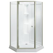 Biscuit wall with nickel grab bar. Sterling Solitaire White 78 25 In X 42 In X 42 In 4 Piece Neo Angle Corner Shower Kit Lowes Com Corner Shower Corner Shower Units Corner Shower Kits