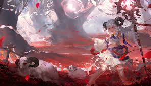 Magic user (魔法使い maho tsukai): 970829 Fantasy Art Environment Original Characters Fantasy Girl Demon Girls Women White Tops White Hair Anime Girls Red Eyes Skirt Digital Art Illustration Looking At Viewer Ram Horns Knee Highs Forest Animals Dark