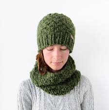 We love the hat scarf and mittens knitting pattern sets. Green Chunky Knit Beanie And Cowl Scarf Set Women S Hat Etsy Scarf Set Knitted Headband Chunky Knit Cowl