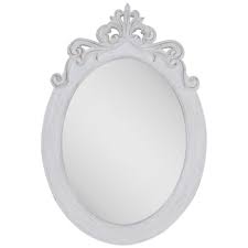 This decorative mirror features a wide contemporary white frame with a slightly sloping face to the inner edge. Distressed White Ornate Oval Wall Mirror Hobby Lobby 997726