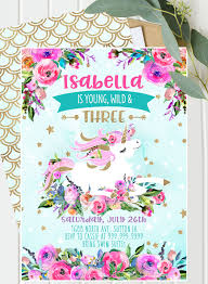 3rd Birthday Invitation Text Message Young Wild And Three Unicorn Invitation And Unicorn Decor Etsy Unicorn Invitations Girls 3rd Birthday Third Birthday Girl