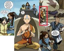 The Promise Comic) Toph is jumping at Appa and she is hugging Sokka and  Katara. But she didn't hug Aang. Because Aang is meditating. When they land  Aang and Toph are hugging