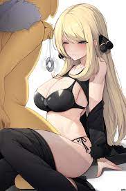 1boy 1girls alternate breast size blonde hair blush bra cynthia  (pokemon) ddangbi game freak hair over one eye huge breasts human hypno  hypnosis interspecies long hair nintendo open mouth