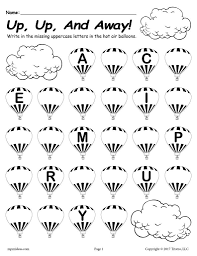 Printable Uppercase Alphabet Worksheet Fill In The Missing Letters Hot Air Balloon Theme Missing Letter Worksheets Letter Worksheets Alphabet Letter Worksheets