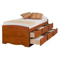 With six 18 deep drawers that can be installed on either side of the bed, you'll actually gain space while storing clothing, linens and more! Prepac Cherry Tall Twin Captain S Platform Storage Bed With 6 Drawers The Home Depot Canada
