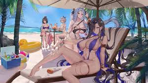 Rule 34 Dev - 4girls adjusting_hair applying_sunscreen armlet armpits ball  beach beach_chair beach_umbrella beachball bikini black_bikini blue_bikini  blue_eyes blue_ribbon bracelet breasts brown_dust_(series) brown_dust_2 can  cocktail_glass cooler cup ...