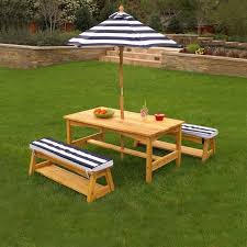 Outdoor Table Bench Set With Cushions Umbrella Navy White Stripes Kids Outdoor Table Table And Bench Set Outdoor Tables