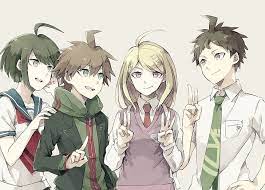 The anime world is full of guys with the strangest hair colors. Hd Wallpaper Danganronpa Blonde Boy Brown Hair Girl Green Eyes Green Hair Wallpaper Flare