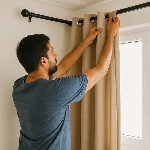 Greenwich installer fitting a curtain pole above a living room window