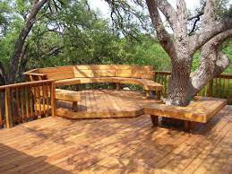 Amazing Backyard Wooden Deck Around A Giant Tree And Square Bench Courtyard Design Backyard Plan Backyard