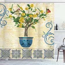 Juxtapose navy blue furniture, decor, or cabinetry with a backdrop of crisp white walls for an shades of yellow, including soft butter yellow and rich mustard yellow, offer warmth and brilliance that my counter tops are navy blue in kitchen and both bathrooms. Ambesonne Vintage Shower Curtain Retro Style Lemon Tree In The Pot With Realistic Detailed Sparrow And Butterfly Cloth Fabric Bathroom Decor Set With Hooks 70 Long Blue Navy Buy Online In Bahamas