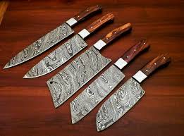 Damascus Kitchen Knife Set With Rose Wood Handle And Bag In 2020 Knife Set Kitchen Damascus Kitchen Knives Kitchen Knives