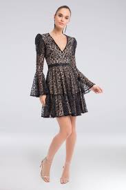 Tiered Metallic Lace Bell Sleeve A Line Dress David S Bridal Cocktail Dress Lace Necklines For Dresses Cocktail Dresses With Sleeves