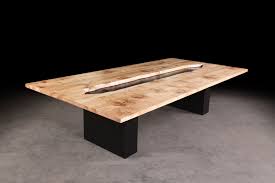 Sustainably Salvaged Straight Edge Ash Conference Table With Live Edge Canyon Atop Our Signature Steel Bloc Handmade Dining Table Furniture Hardwood Furniture