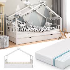 Vitalispa Kinderbett Design Hausbett Mit Schubladen Lattenrost 7 Zonen Matratze In Weiss 90x200cm Rakuten Kinderbett Design Kinderbett Kinder Bett Haus