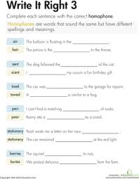 Homophones Write It Right 3 Worksheet Education Com Homophones 3rd Grade Words Writing