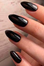 Cute And Glossy Almond Shaped Black Nails 2020 Set Credit Instagram Angelika Nails Kharkov Blacknails Nails Black Almond Nails Black Nail Designs