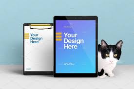 Cat With Tablet And Clipboard Mockup In 2020 Business Cards Creative Mockup Tablet