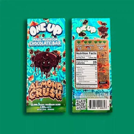 Authentic style packaging for a magic mushroom chocolate bar featuring nutritional panels and clear dosage sizing., AI generated