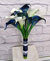 Calla Lily Wedding Bouquet Navy Blue White Real Touch Bridesmaid Bouquet Calla Lily Bouquet Wedding Lily Bouquet Wedding Calla Lily Wedding