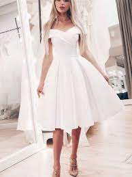 Elegant Off Shoulder White Satin Knee Length Homecoming Dress Short Prom Dress By Fa Knee Length Wedding Dress Civil Wedding Dresses White Homecoming Dresses
