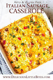 Italian Sausage Casserole A Spicy Cheesy Combination Of Slices Of Hot Italian Sausage Italian Sausage Italian Sausage Casserole Hot Italian Sausage Recipes