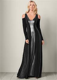 Metallic Long Dress In Black Silver Metallic Venus Metallic Long Dresses Dresses Venus Dresses
