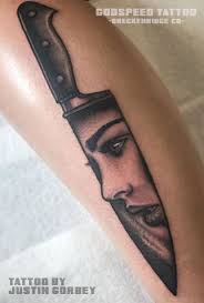 Black And Gray Girl Face And Knife Tattoo By Justin Gorbey Of Godspeed Tattoo Servicing Breckenridge Rocky Mou Knife Tattoo Girl Face Tattoo Godspeed Tattoo
