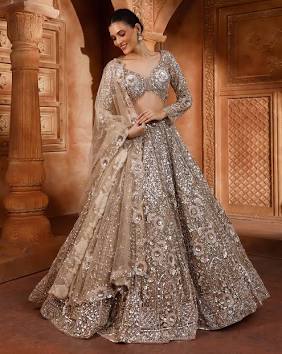 pre draped saree vs lehenga - Sunlit Bronze Embellished Bridal Lehenga For Sangeet