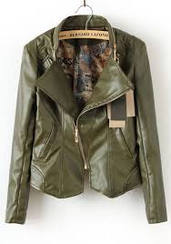 Red Pockets Zipper Stand Collar Pu Leather Outerwears Olive Green Leather Jacket Green Leather Jackets Leather Jackets Women