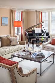 Photo Credit Irvin Serrano Transitional Living Room With Piano Neutral Living Room With Red An Piano Living Rooms Piano Room Decor Grand Piano Living Room
