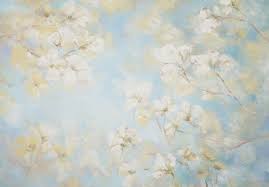 Top view of summer flowers. Light Blue Background White Flowers Painted Wall Textured Backdrops