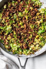 Spicy Pork Brussels Bowls Low Carb Skinnytaste Recipe Ground Pork Recipes Pork Recipes Sprout Recipes