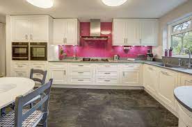 This White Kitchen With Pink Splashback Was Designed And Fitted By The Kitchen Company Uxbridg Complete Kitchen Design Kitchen Room Design Kitchen Decor Modern