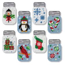 Aida 14, white 154w x 196h stitches size (s): Herrschners Holiday Mason Jar Ornaments Plastic Canvas Kit