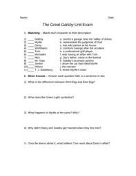 This Unit Exam Based On The Great Gatsby By F Scott Fitzgerld Includes Matching Short Answer And Quotation Indentification Qu Greatful The Great Gatsby Exam