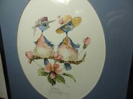 Vintage Silver Chrome Metal and Glass Framed Blue Birds "high Fashion"  Print Numbered and Signed Carolyn Shores Wright