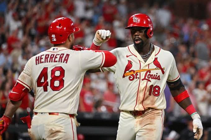 St. Louis Cardinals right fielder Jordan Walker (18) celebrates with  catcher Ivan Herrera (48) after hitting a solo home run against the  Colorado Rockies during the eighth inning at Busch Stadium in