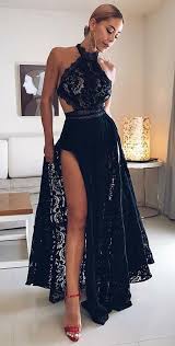 A Line Halter Floor Length Black Open Back Lace Prom Dress With Split By Prettylady 161 Black Lace Prom Dress Lace Evening Dresses Floor Length Prom Dresses