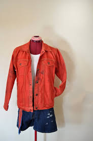 Red Mens Youth Medium Denim Jacket Scarlet Red Dyed Upcycled Urban Pipeline Jean Trucker Jacket Adult Men Small Teen Medium 40 Chest