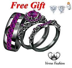 14k Black Gold Plated 925 Silver Purple Amethyst Trio Wedding Bridal Ring Set Black Gold Jewelry Black Gold Ring Purple Engagement Rings