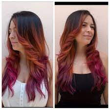 Pink Copper And Purple Dimensional Ombre Done With Matrix On Latina Hair Latina Hair Hair For Latinas Copper Hair Ombre