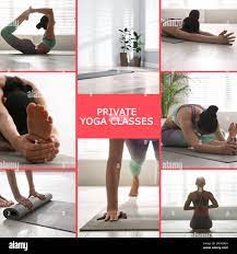 Collage von Frauen, die verschiedene Posen praktizieren und SMS an private  Yoga-Kurse Stockfotografie - Alamy