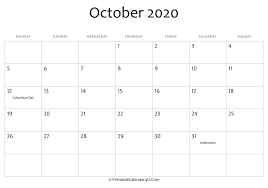 Is october 10th a federal holiday? October 2020 Editable Calendar With Holidays