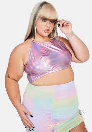 Just take a quick look at any topshop store and you'll see a wide variety of fashion pieces, including distressed denim, vintage band tees, and black leather jackets. Plus Size Holographic Halter Crop Top Pink Dolls Kill