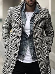 Black And White Coat Mens Fashion Plaid Lapel Single Breasted Mid Length Coat Cyclehot Com In 2020 Mens Coats Mens Outfits Black And White Coat