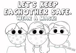 Vector hand drawn illustration design. Kids Wearing Face Masks Coloring Page Love Woolies