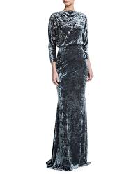 Badgley Mischka Collection Long Sleeve Blouson Top Beaded Crushed Velvet Evening Gown Velvet Evening Gown Velvet Dress Long Velvet Evening Dress