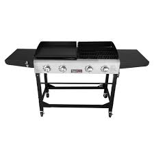 Combination of gas grill and griddle with two individual cooking zones, each 292 sq. Royal Gourmet 4 Burners Portable Propane Gas Grill And Griddle Combo Grills In Black With Side Tables Gd401 The Home Depot