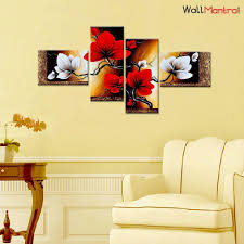 Large grey & red painting print of poppy flowers for luxury livign room decor. Beautiful Flower Art 4 Pieces Canvas Wood Framed Colorful Wall Painting